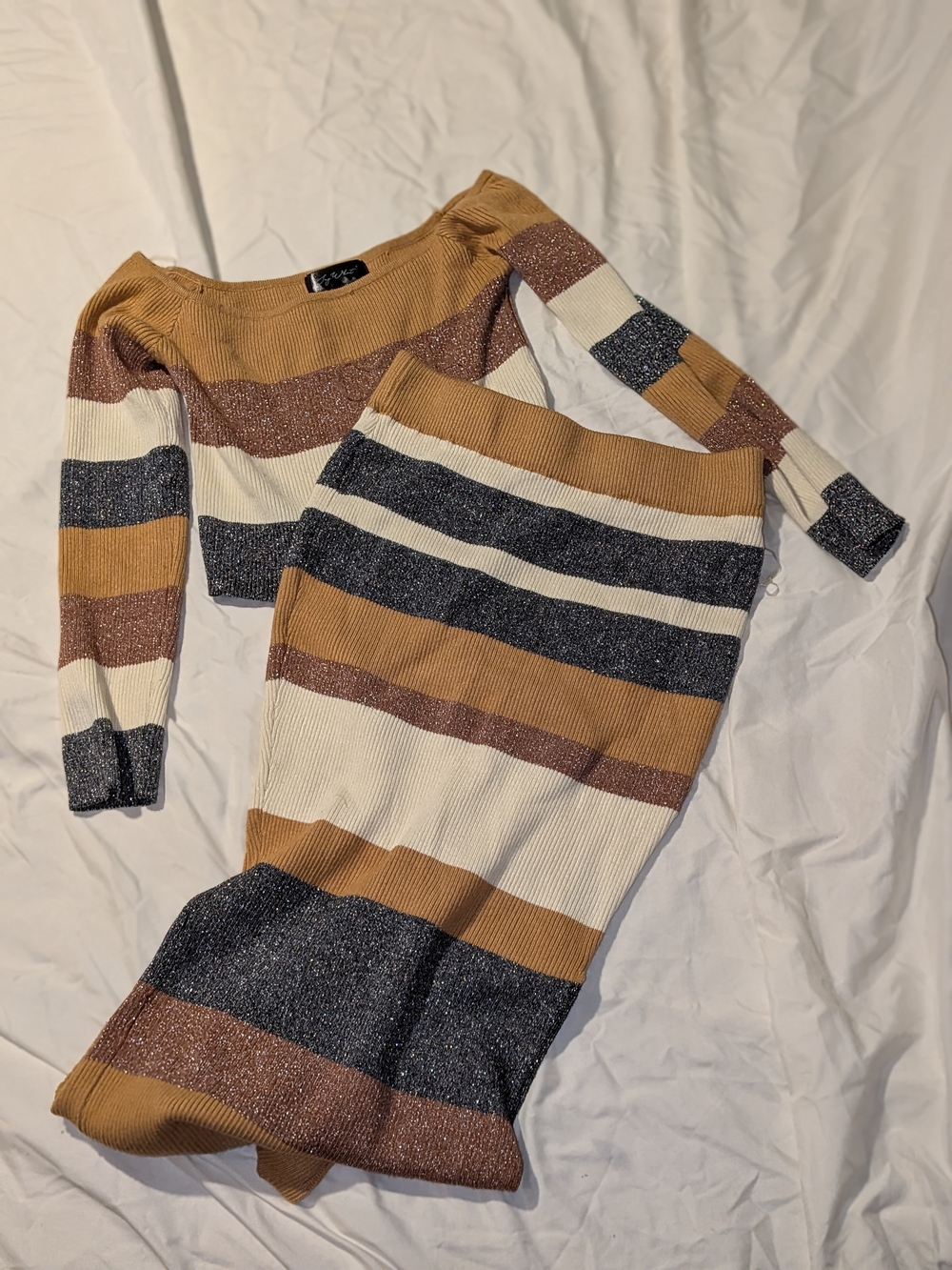 Say What? Striped Metallic Knit Two-Piece Set in Mustard, Cream & Charcoal